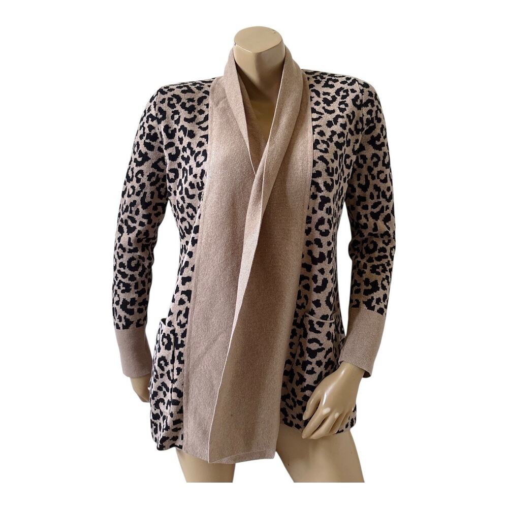 Yes Lola Cardigan Womens L Animal Leopard Print Open Front Longline Pockets Knit